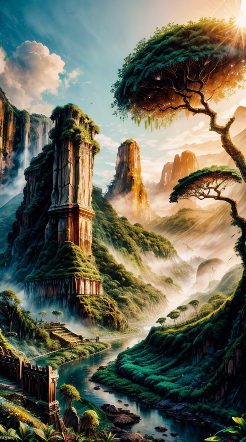 An absurdly unreal fantasy (Coloseum made of Gold and Rainforest) landscape inspired by the best science fiction of the tw...